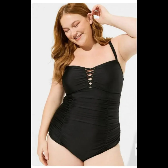 Torrid Black Lattice Fromt One-Piece Ruched Swimsuit - Picture 1 of 7